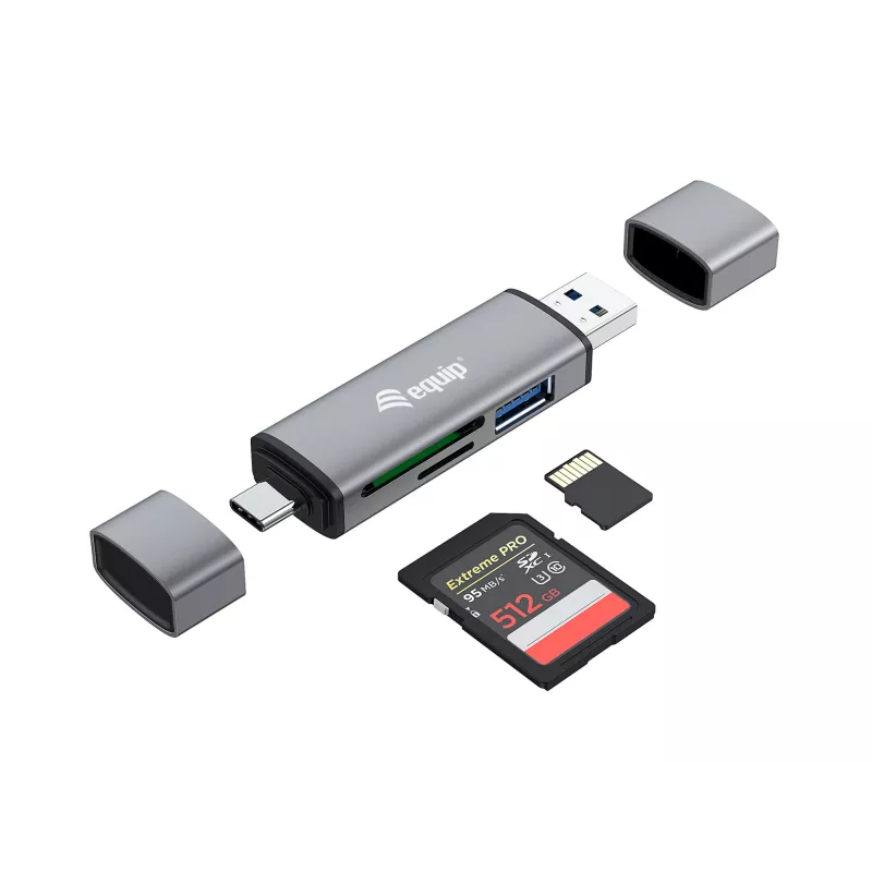 Equip Czytnik kart z hubem USB 3.0, OTG, MicroSD (TransFlash), MicroSDHC, SD, SDHC, Szary, CE i RoHS, USB 3.2 Gen 1 (3.1 Gen 1) Type-A/Type-C, 202 mm, 12 mm