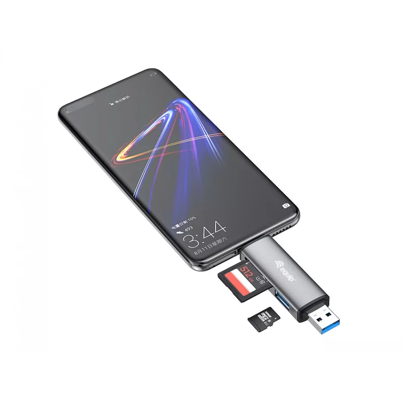 Equip Czytnik kart z hubem USB 3.0, OTG, MicroSD (TransFlash), MicroSDHC, SD, SDHC, Szary, CE i RoHS, USB 3.2 Gen 1 (3.1 Gen 1) Type-A/Type-C, 202 mm, 12 mm