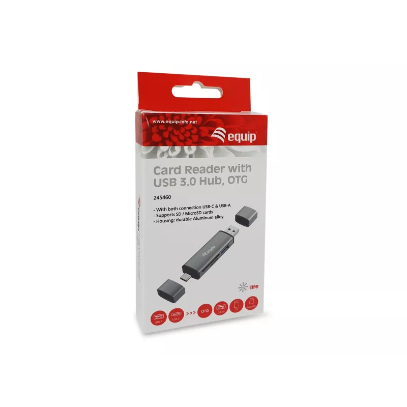 Equip Czytnik kart z hubem USB 3.0, OTG, MicroSD (TransFlash), MicroSDHC, SD, SDHC, Szary, CE i RoHS, USB 3.2 Gen 1 (3.1 Gen 1) Type-A/Type-C, 202 mm, 12 mm