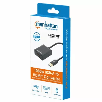Kabel Manhattan USB-A do HDMI, 1080p@60Hz, konwertuje sygnał USB 3.2 Gen1 (znany jako USB 3.0) na HDMI, 15 cm, czarny, wtyk na gniazdo, trzyletnia gwarancja
