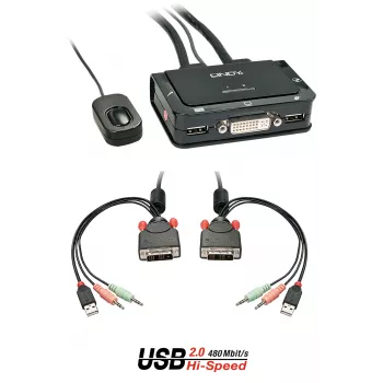 Kompaktowy przełącznik KVM Lindy 2-portowy DVI-D Single Link, USB 2.0 i Audio