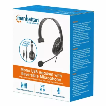Manhattan Mono Over-Ear Headset (USB), Reversible Microphone Boom (padded), Retail Box Packaging, In-Line Volume/Mute Control, Padded Ear Cushion, USB-A for both sound and mic use, kabel 2m, Three Year Warranty