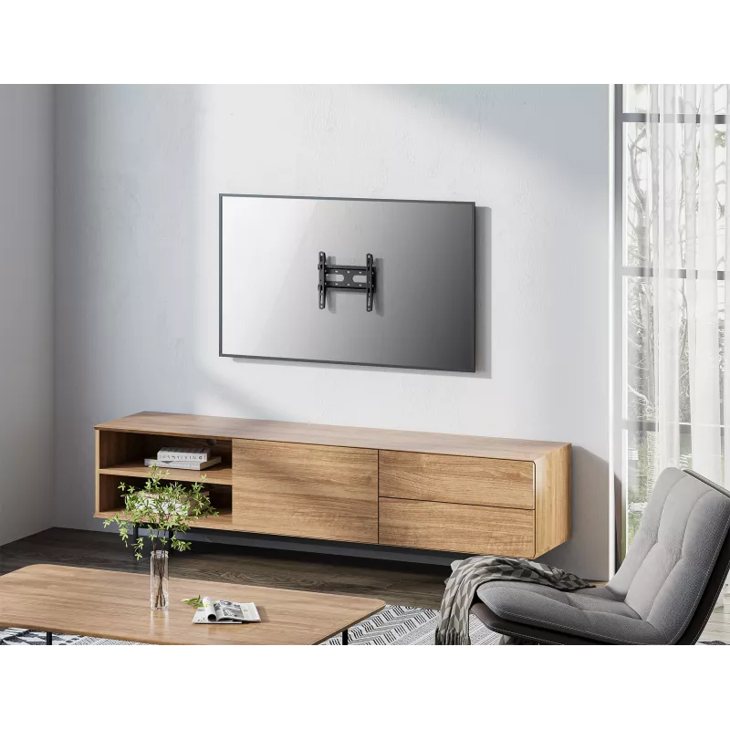 Manhattan Uchwyt ścienny do telewizora i monitorów (stały ultracienki), Do ekranów od 23 inch do 42 inch, Kompatybilność VESA: wszystkie pomiędzy 75x75 mm a 200x200 mm – sprawdź wymiary czterech otworów montażowych z tyłu ekranu, aby upewnić się, że pasuje, Maks. 45 kg, Czarny, Uchwyt