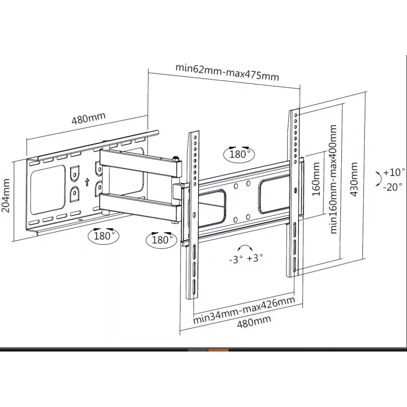 Equip 32-55″ Uchwyt ścienny uchylny do telewizora, 200 x 200 mm, 400 x 400 mm, -20 - 10°, -90 - 90°, Stal, Czarny