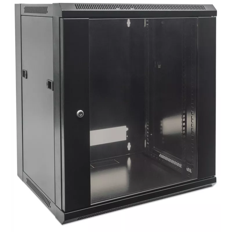 Intellinet 19-calowa szafa sieciowa – naścienna (standardowa), 12U, głębokość 600 mm, czarna, w płaskim opakowaniu, maks. 60 kg, nadaje się również do użytku na biurku lub podłodze, użyteczna głębokość 410 mm, drzwi metalowo-szklane, panel tylny, zdejmowane boki, elementy do montażu na ścianie (np. wkręty/kołki) nie są dołączone