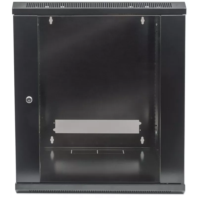 Intellinet 19-calowa szafa sieciowa – naścienna (standardowa), 12U, głębokość 600 mm, czarna, w płaskim opakowaniu, maks. 60 kg, nadaje się również do użytku na biurku lub podłodze, użyteczna głębokość 410 mm, drzwi metalowo-szklane, panel tylny, zdejmowane boki, elementy do montażu na ścianie (np. wkręty/kołki) nie są dołączone