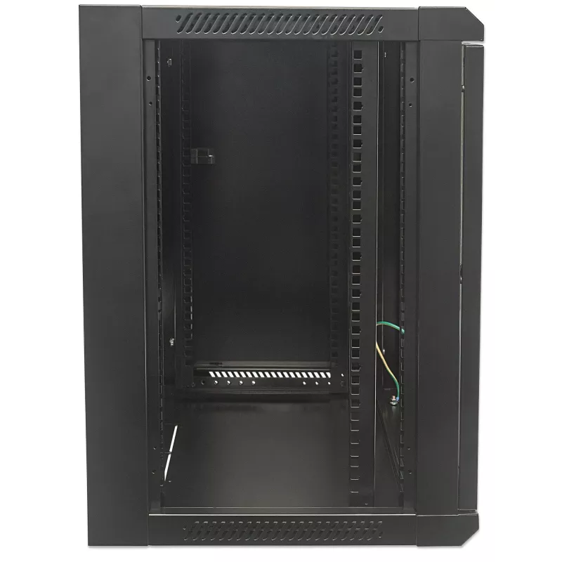 Intellinet 19-calowa szafa sieciowa – naścienna (standardowa), 12U, głębokość 600 mm, czarna, w płaskim opakowaniu, maks. 60 kg, nadaje się również do użytku na biurku lub podłodze, użyteczna głębokość 410 mm, drzwi metalowo-szklane, panel tylny, zdejmowane boki, elementy do montażu na ścianie (np. wkręty/kołki) nie są dołączone