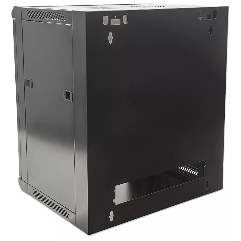 Intellinet 19-calowa szafa sieciowa – naścienna (standardowa), 12U, głębokość 600 mm, czarna, w płaskim opakowaniu, maks. 60 kg, nadaje się również do użytku na biurku lub podłodze, użyteczna głębokość 410 mm, drzwi metalowo-szklane, panel tylny, zdejmowane boki, elementy do montażu na ścianie (np. wkręty/kołki) nie są dołączone