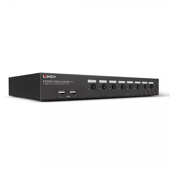 Lindy 8-portowy przełącznik KVM DisplayPort 1.2, USB 2.0 i audio, 3840 x 2160 pikseli, 4K Ultra HD, montaż w szafie rack, 1U, czarny