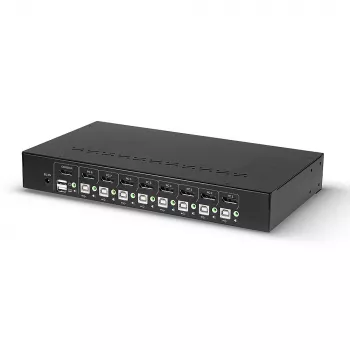 Lindy 8-portowy przełącznik KVM DisplayPort 1.2, USB 2.0 i audio, 3840 x 2160 pikseli, 4K Ultra HD, montaż w szafie rack, 1U, czarny
