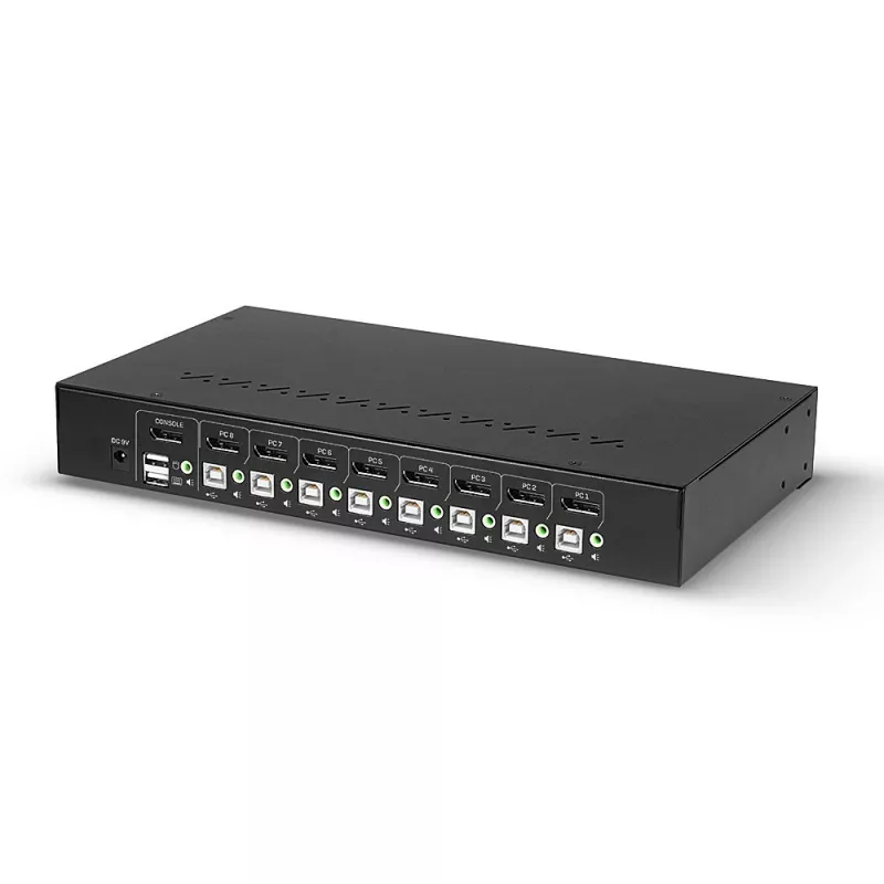 Lindy 8-portowy przełącznik KVM DisplayPort 1.2, USB 2.0 i audio, 3840 x 2160 pikseli, 4K Ultra HD, montaż w szafie rack, 1U, czarny