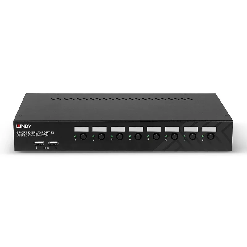Lindy 8-portowy przełącznik KVM DisplayPort 1.2, USB 2.0 i audio, 3840 x 2160 pikseli, 4K Ultra HD, montaż w szafie rack, 1U, czarny