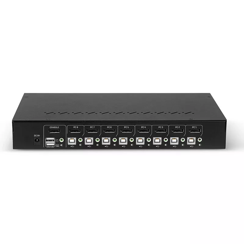 Lindy 8-portowy przełącznik KVM DisplayPort 1.2, USB 2.0 i audio, 3840 x 2160 pikseli, 4K Ultra HD, montaż w szafie rack, 1U, czarny