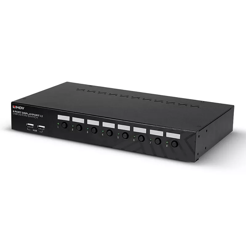 Lindy 8-portowy przełącznik KVM DisplayPort 1.2, USB 2.0 i audio, 3840 x 2160 pikseli, 4K Ultra HD, montaż w szafie rack, 1U, czarny