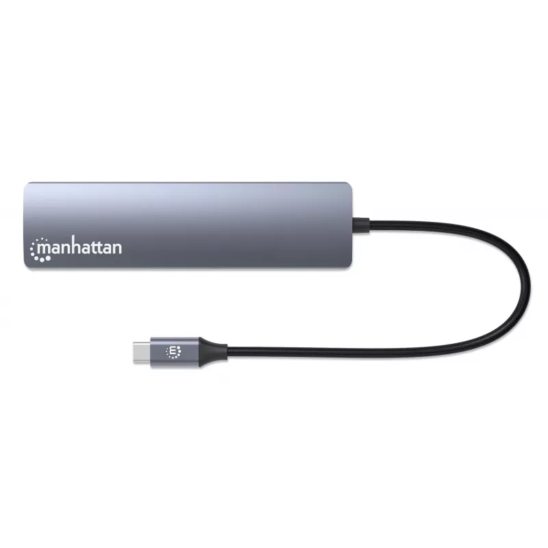 Manhattan USB-C Dock/Hub, Porty (x6): Ethernet, HDMI, USB-A (x3) i USB-C, z zasilaniem Power Delivery (PD) 100 W — wymaga zewnętrznej ładowarki USB-C (brak w zestawie). Zasilany przez USB (bez zewnętrznego zasilacza), gdy PD nie jest używany