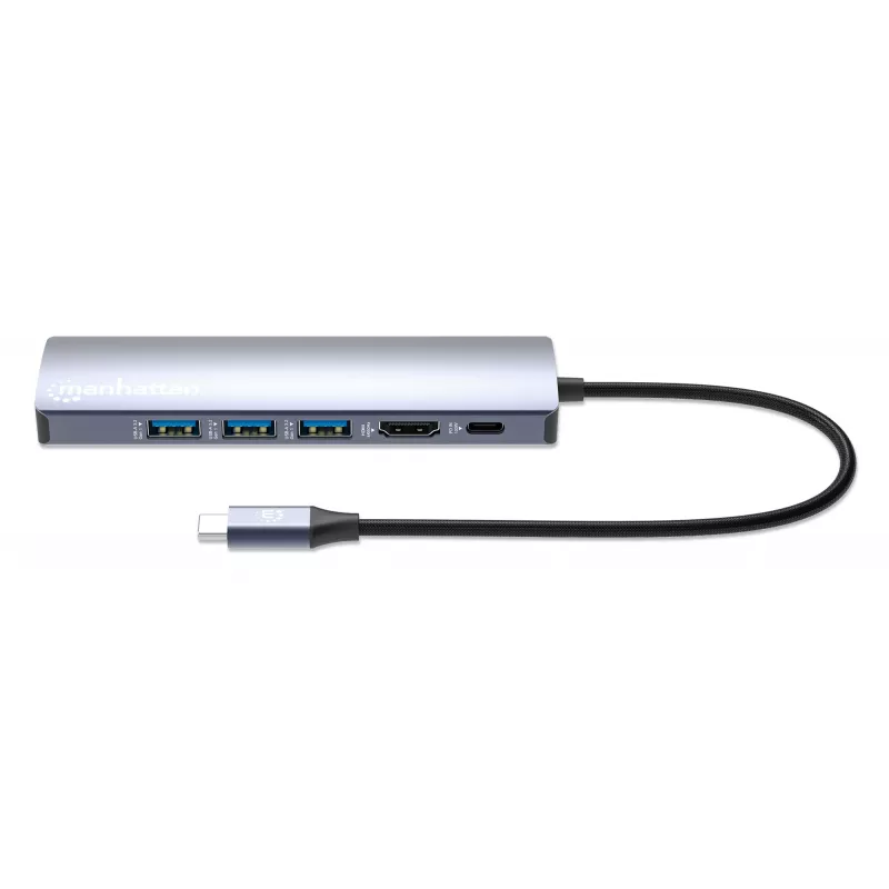 Manhattan USB-C Dock/Hub, Porty (x6): Ethernet, HDMI, USB-A (x3) i USB-C, z zasilaniem Power Delivery (PD) 100 W — wymaga zewnętrznej ładowarki USB-C (brak w zestawie). Zasilany przez USB (bez zewnętrznego zasilacza), gdy PD nie jest używany