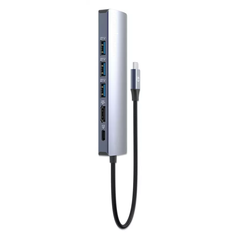 Manhattan USB-C Dock/Hub, Porty (x6): Ethernet, HDMI, USB-A (x3) i USB-C, z zasilaniem Power Delivery (PD) 100 W — wymaga zewnętrznej ładowarki USB-C (brak w zestawie). Zasilany przez USB (bez zewnętrznego zasilacza), gdy PD nie jest używany