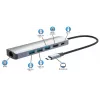 Manhattan USB-C Dock/Hub, Porty (x6): Ethernet, HDMI, USB-A (x3) i USB-C, z zasilaniem Power Delivery (PD) 100 W — wymaga zewnętrznej ładowarki USB-C (brak w zestawie). Zasilany przez USB (bez zewnętrznego zasilacza), gdy PD nie jest używany