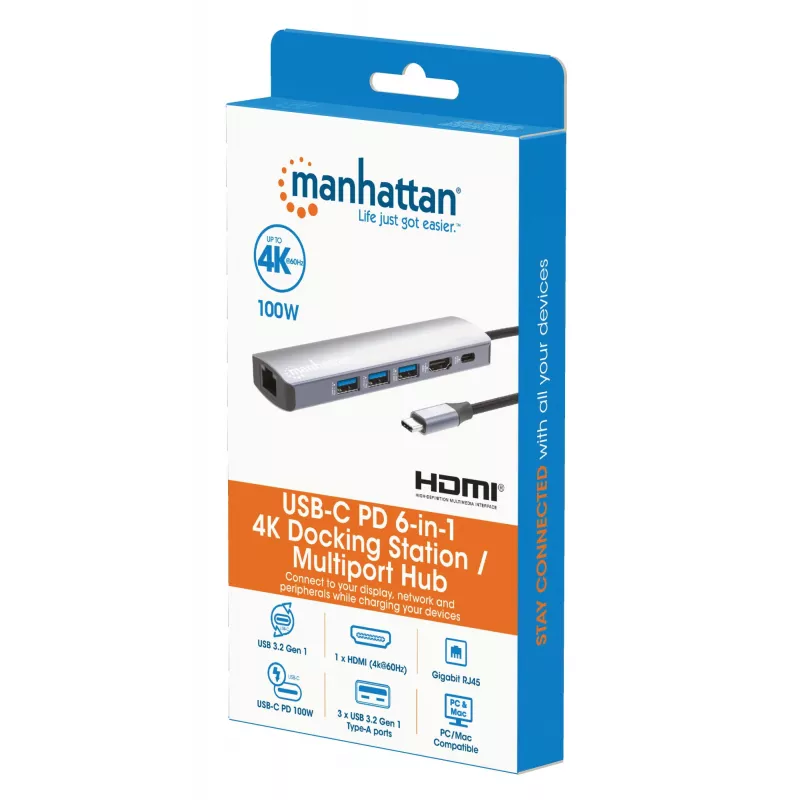 Manhattan USB-C Dock/Hub, Porty (x6): Ethernet, HDMI, USB-A (x3) i USB-C, z zasilaniem Power Delivery (PD) 100 W — wymaga zewnętrznej ładowarki USB-C (brak w zestawie). Zasilany przez USB (bez zewnętrznego zasilacza), gdy PD nie jest używany