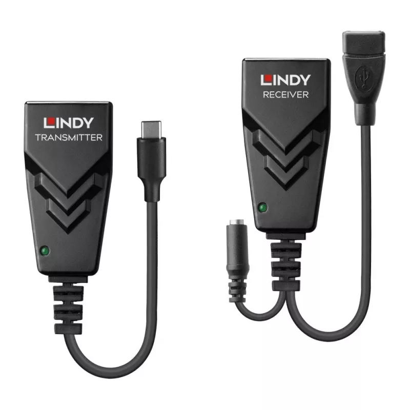 Lindy 100m USB 2.0 Type C Cat.6 Extender, Nadajnik i odbiornik sieciowy, 100 m, 480 Mbit/s, Cat5e, Cat6, CH317Q, CH9317, RTL8211E, Czarny