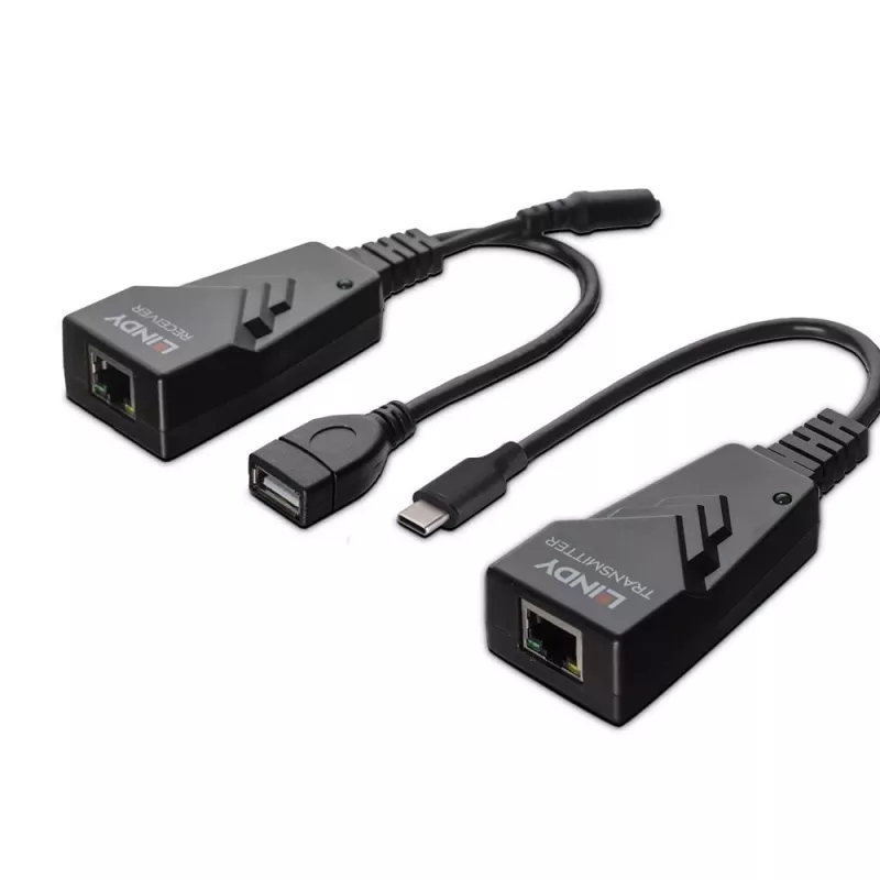 Lindy 100m USB 2.0 Type C Cat.6 Extender, Nadajnik i odbiornik sieciowy, 100 m, 480 Mbit/s, Cat5e, Cat6, CH317Q, CH9317, RTL8211E, Czarny