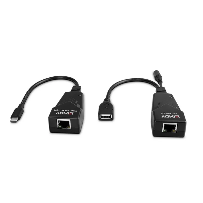 Lindy 100m USB 2.0 Type C Cat.6 Extender, Nadajnik i odbiornik sieciowy, 100 m, 480 Mbit/s, Cat5e, Cat6, CH317Q, CH9317, RTL8211E, Czarny