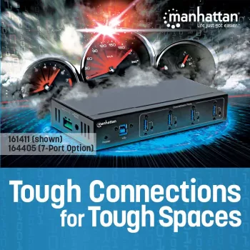 Manhattan USB-A 7-Port Hub Industrial, 7x portów USB-A, 5 Gb/s (USB 3.2 Gen1 aka USB 3.0), ochrona ESD 20 kV, zasilanie A/C, magistralowe i przez listwę zaciskową, szyna DIN, montaż na ścianie, obudowa metalowa, zabezpieczenie śrubowe