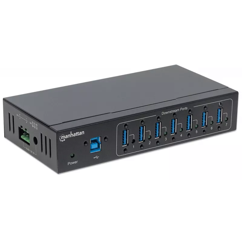 Manhattan USB-A 7-Port Hub Industrial, 7x portów USB-A, 5 Gb/s (USB 3.2 Gen1 aka USB 3.0), ochrona ESD 20 kV, zasilanie A/C, magistralowe i przez listwę zaciskową, szyna DIN, montaż na ścianie, obudowa metalowa, zabezpieczenie śrubowe