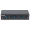 Manhattan USB-A 7-Port Hub Industrial, 7x portów USB-A, 5 Gb/s (USB 3.2 Gen1 aka USB 3.0), ochrona ESD 20 kV, zasilanie A/C, magistralowe i przez listwę zaciskową, szyna DIN, montaż na ścianie, obudowa metalowa, zabezpieczenie śrubowe