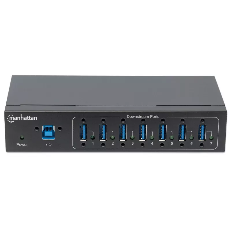 Manhattan USB-A 7-Port Hub Industrial, 7x portów USB-A, 5 Gb/s (USB 3.2 Gen1 aka USB 3.0), ochrona ESD 20 kV, zasilanie A/C, magistralowe i przez listwę zaciskową, szyna DIN, montaż na ścianie, obudowa metalowa, zabezpieczenie śrubowe