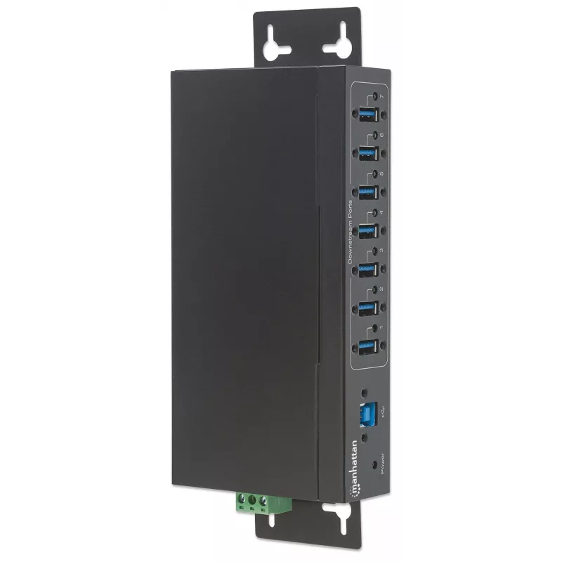 Manhattan USB-A 7-Port Hub Industrial, 7x portów USB-A, 5 Gb/s (USB 3.2 Gen1 aka USB 3.0), ochrona ESD 20 kV, zasilanie A/C, magistralowe i przez listwę zaciskową, szyna DIN, montaż na ścianie, obudowa metalowa, zabezpieczenie śrubowe