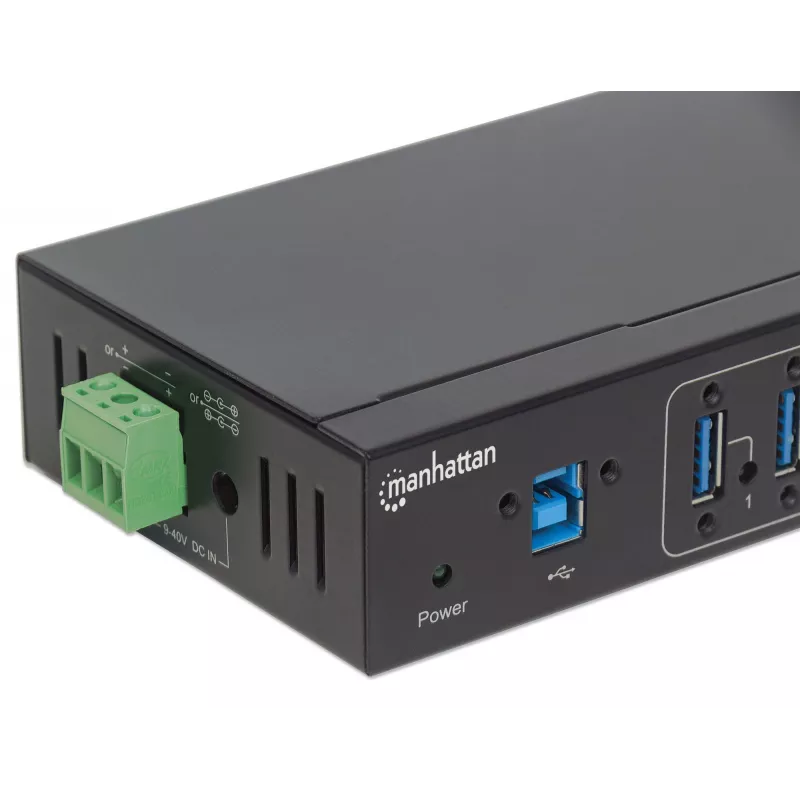 Manhattan USB-A 7-Port Hub Industrial, 7x portów USB-A, 5 Gb/s (USB 3.2 Gen1 aka USB 3.0), ochrona ESD 20 kV, zasilanie A/C, magistralowe i przez listwę zaciskową, szyna DIN, montaż na ścianie, obudowa metalowa, zabezpieczenie śrubowe