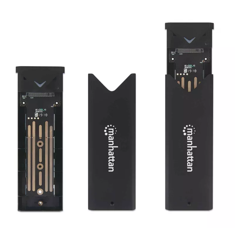 Obudowa Manhattan M.2 NVMe SSD, złącze żeńskie USB-C, 10 Gb/s (USB 3.2 Gen2, znane również jako USB 3.1), zgodność z UASP, SuperSpeed+ USB, aluminium, czarna, trzyletnia gwarancja