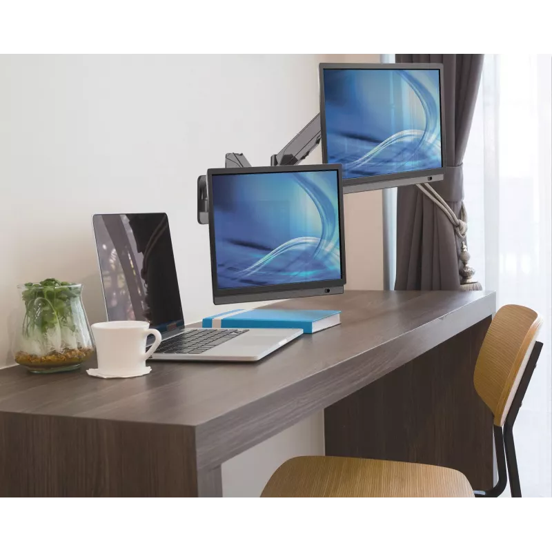 Manhattan Podwójny uchwyt ścienny do telewizorów i monitorów (pełny ruch, sprężyna gazowa), Do ekranów od 17 do 32 cali, Kompatybilność VESA: 75x75 mm i 100x100 mm – sprawdź wymiary czterech otworów montażowych z tyłu ekranu, aby upewnić się, że pasuje, Maks. 8 kg na każdy, Czarny, Uchwyt