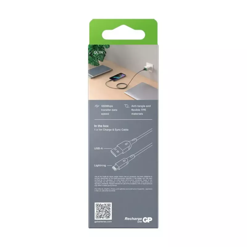 Kabel GP Batteries CL1N 1m Lightning na USB A 12W 2,4A