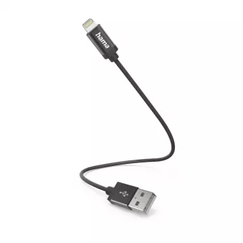 Kabel ładujący Hama, USB-A - Lightning, 0,2 m, nylon, czarny, 0,2 m, Lightning, USB A, męski, męski, czarny