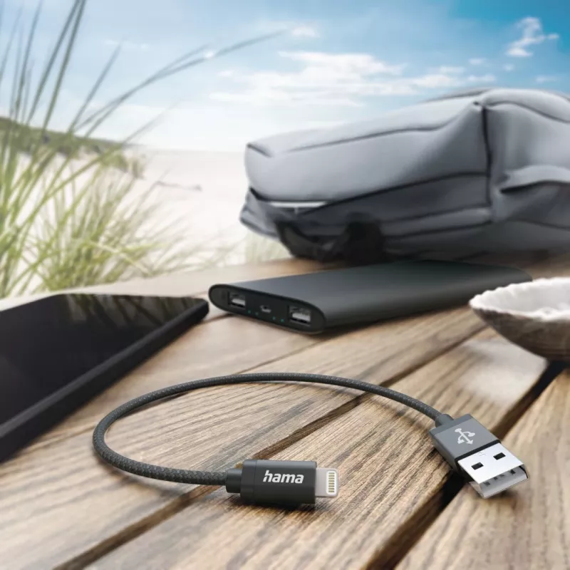 Kabel ładujący Hama, USB-A - Lightning, 0,2 m, nylon, czarny, 0,2 m, Lightning, USB A, męski, męski, czarny