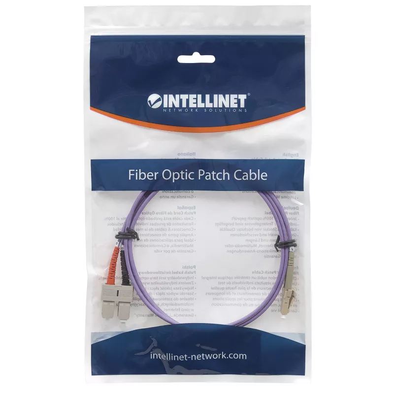 Intellinet Fiber Optic Patch kabel, OM4, LC/SC, 3m, Fioletowy, Duplex, Wielomodowy, 50/125 µm, LSZH, Światłowód, Dożywotnia Gwarancja