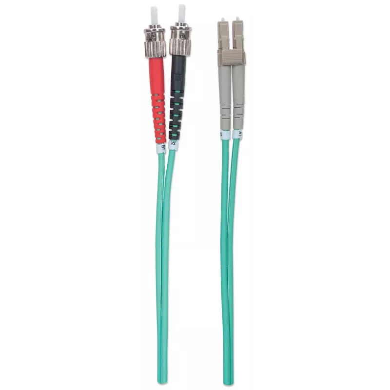 Intellinet Kabel światłowodowy krosowy, OM3, ST/LC, 1m, Aqua, Duplex, Wielomodowy, 50/125 µm, LSZH, Włókno, Dożywotnia gwarancja