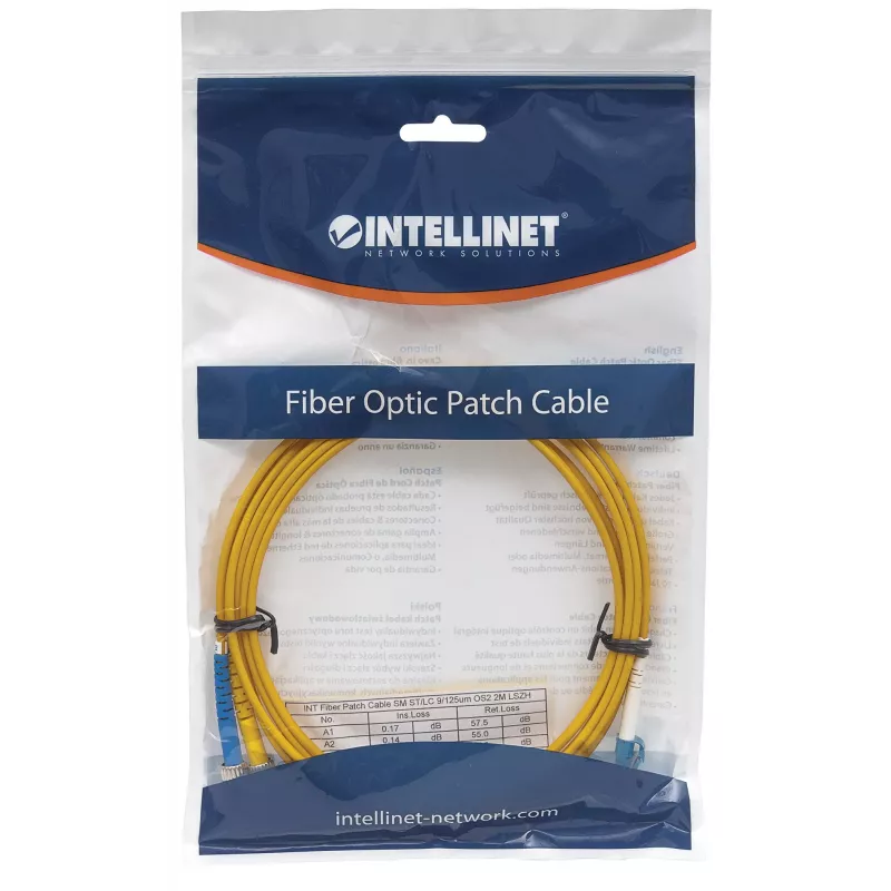 Intellinet Patchcord światłowodowy, OS2, LC/ST, 2m, żółty, duplex, jednomodowy, 9/125 µm, LSZH, włókno, dożywotnia gwarancja