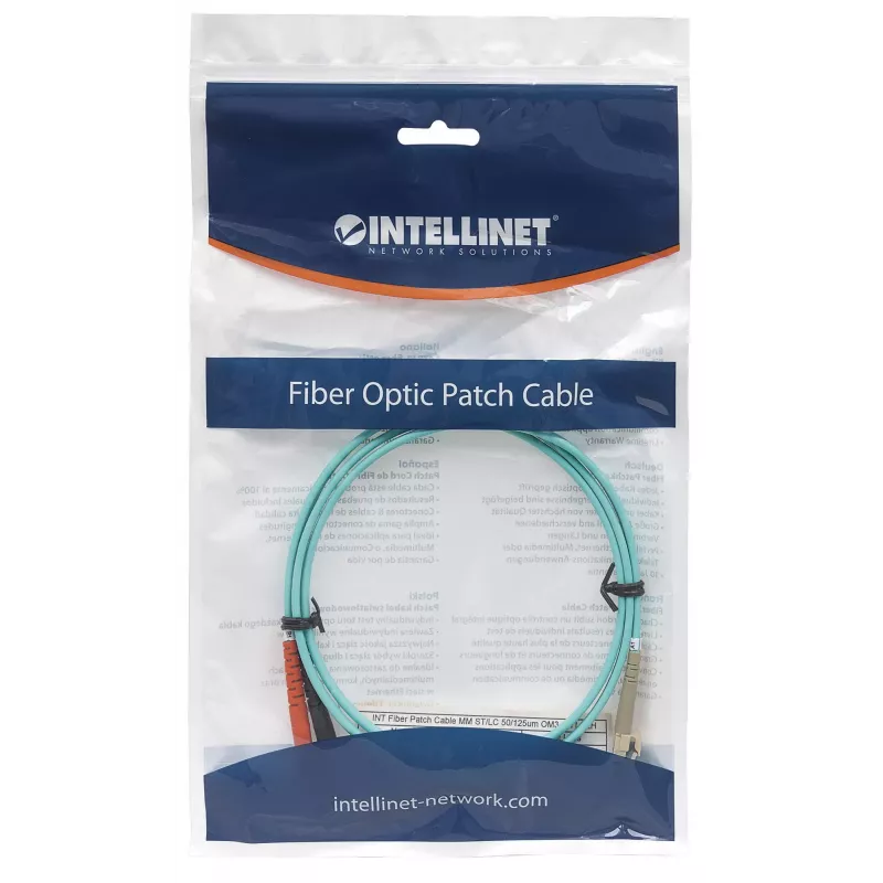 Intellinet patchcord światłowodowy, OM3, ST/LC, 5m, Aqua, Duplex, Wielomodowy, 50/125 µm, LSZH, Światłowód, Dożywotnia gwarancja