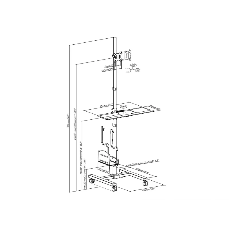 Wózek multimedialny Equip 17 inch–32 inch Mobilna stacja robocza z jednym monitorem
