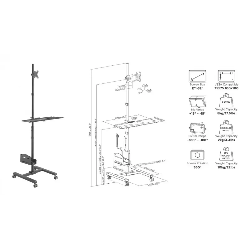 Wózek multimedialny Equip 17 inch–32 inch Mobilna stacja robocza z jednym monitorem