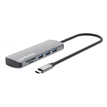 Manhattan USB-C Dock/Hub z czytnikiem kart, Porty (x7): Ethernet, HDMI, USB-A (x3) i USB-C (x2), z Power Delivery (PD) 100W – wymaga zewnętrznej ładowarki USB-C (nie dołączono). Zasilany przez USB (nie wymaga zewnętrznego zasilacza), gdy PD nie jest używane