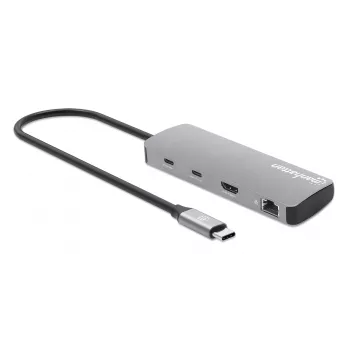 Manhattan USB-C Dock/Hub z czytnikiem kart, Porty (x7): Ethernet, HDMI, USB-A (x3) i USB-C (x2), z Power Delivery (PD) 100W – wymaga zewnętrznej ładowarki USB-C (nie dołączono). Zasilany przez USB (nie wymaga zewnętrznego zasilacza), gdy PD nie jest używane