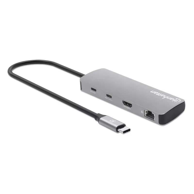 Manhattan USB-C Dock/Hub z czytnikiem kart, Porty (x7): Ethernet, HDMI, USB-A (x3) i USB-C (x2), z Power Delivery (PD) 100W – wymaga zewnętrznej ładowarki USB-C (nie dołączono). Zasilany przez USB (nie wymaga zewnętrznego zasilacza), gdy PD nie jest używane