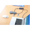 Manhattan USB-C Dock/Hub z czytnikiem kart, Porty (x7): Ethernet, HDMI, USB-A (x3) i USB-C (x2), z Power Delivery (PD) 100W – wymaga zewnętrznej ładowarki USB-C (nie dołączono). Zasilany przez USB (nie wymaga zewnętrznego zasilacza), gdy PD nie jest używane
