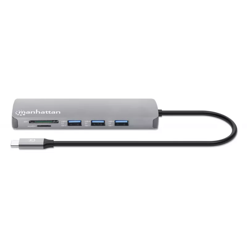 Manhattan USB-C Dock/Hub z czytnikiem kart, Porty (x7): Ethernet, HDMI, USB-A (x3) i USB-C (x2), z Power Delivery (PD) 100W – wymaga zewnętrznej ładowarki USB-C (nie dołączono). Zasilany przez USB (nie wymaga zewnętrznego zasilacza), gdy PD nie jest używane