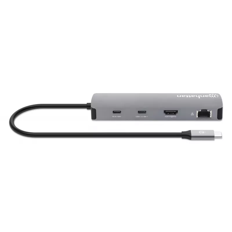 Manhattan USB-C Dock/Hub z czytnikiem kart, Porty (x7): Ethernet, HDMI, USB-A (x3) i USB-C (x2), z Power Delivery (PD) 100W – wymaga zewnętrznej ładowarki USB-C (nie dołączono). Zasilany przez USB (nie wymaga zewnętrznego zasilacza), gdy PD nie jest używane