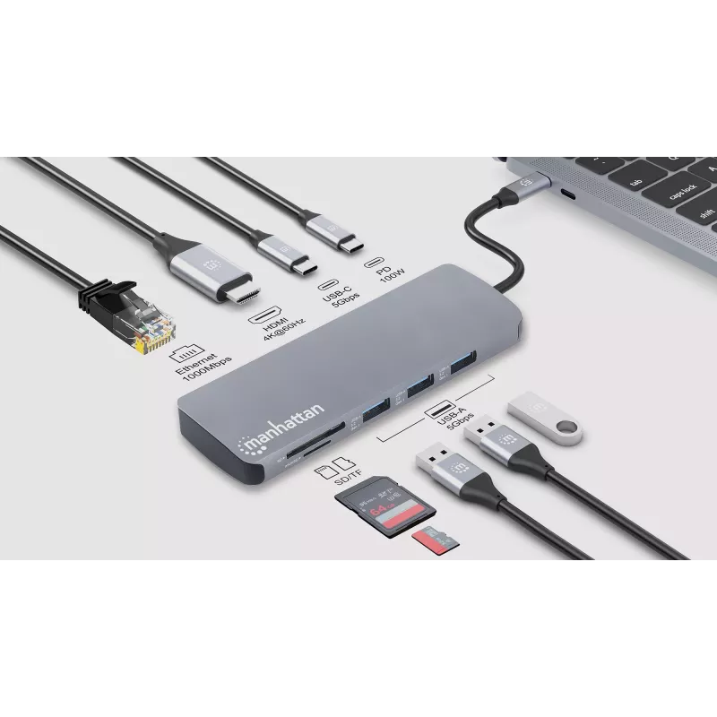 Manhattan USB-C Dock/Hub z czytnikiem kart, Porty (x7): Ethernet, HDMI, USB-A (x3) i USB-C (x2), z Power Delivery (PD) 100W – wymaga zewnętrznej ładowarki USB-C (nie dołączono). Zasilany przez USB (nie wymaga zewnętrznego zasilacza), gdy PD nie jest używane